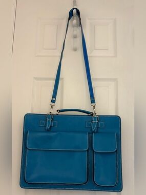 Blue Leather Laptop Bag with Front Pockets